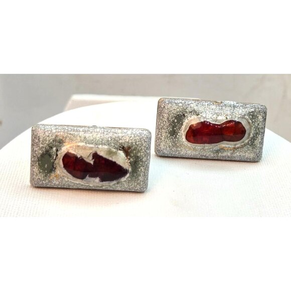 RARE- Victoria Fleming Cufflinks - White & Red Abstract Design, Rectangle Shape - Picture 1 of 4